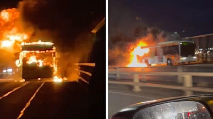 A bus caught on fire on the Westgate Bridge in Melbourne on Monday night. Picture: Twitter / Reddit